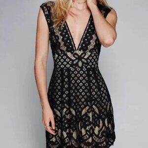 NEW Free People Lace Mini Dress Black A Line V Neck Size 4 NWT